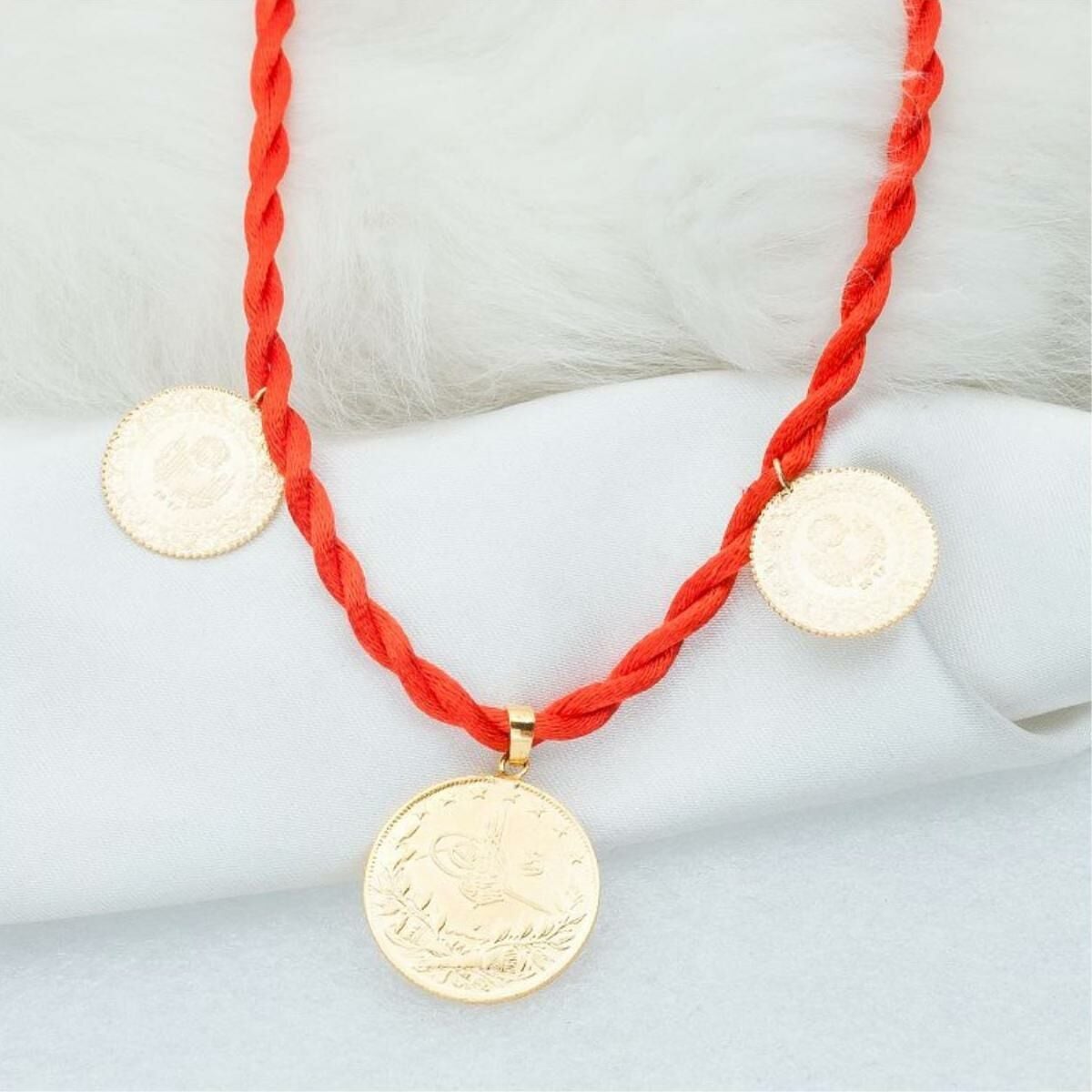 22K Yellow Gold Ottoman Resat Coin and Quarter Coin Cord Necklace