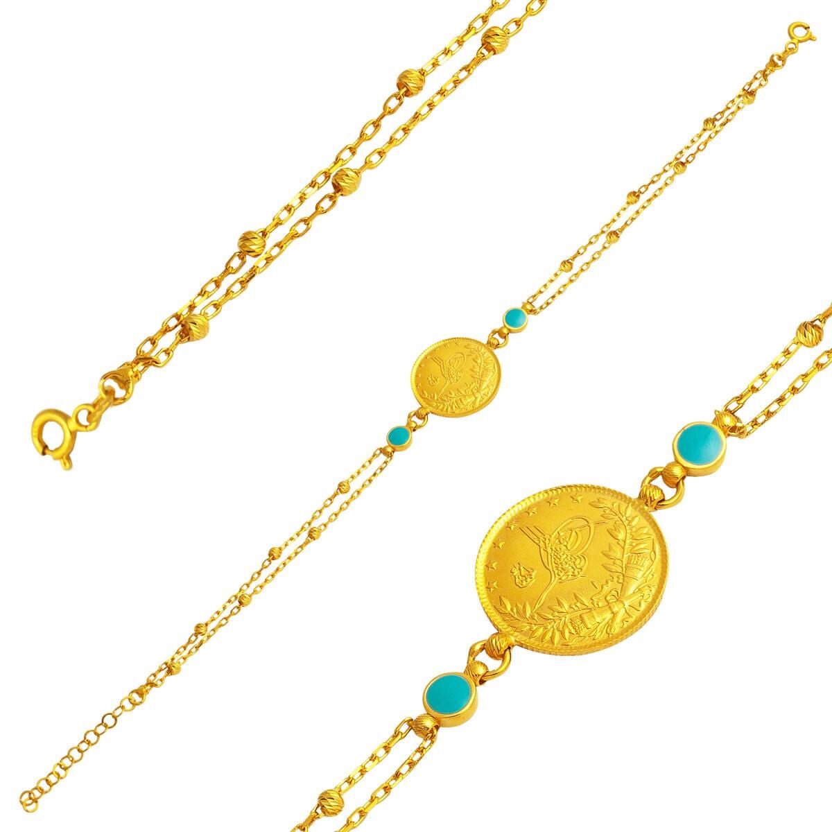 22K Yellow Gold Ottoman Resat Coin Quarter Coin Ball Chain Turquoise Bracelet