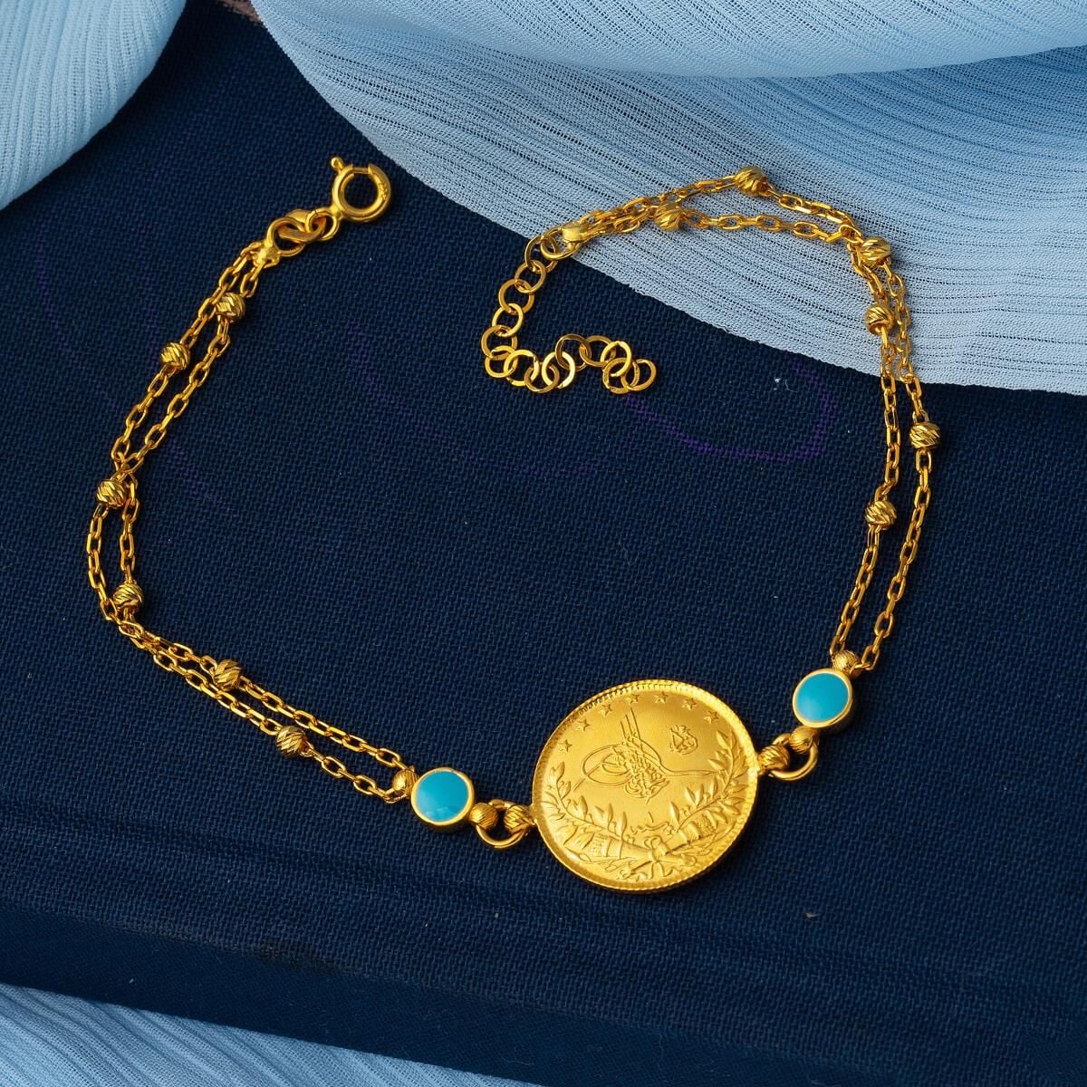 22K Yellow Gold Ottoman Resat Coin Quarter Coin Ball Chain Turquoise Bracelet