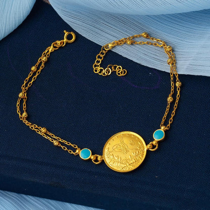 22K Yellow Gold Ottoman Resat Coin Quarter Coin Ball Chain Turquoise Bracelet