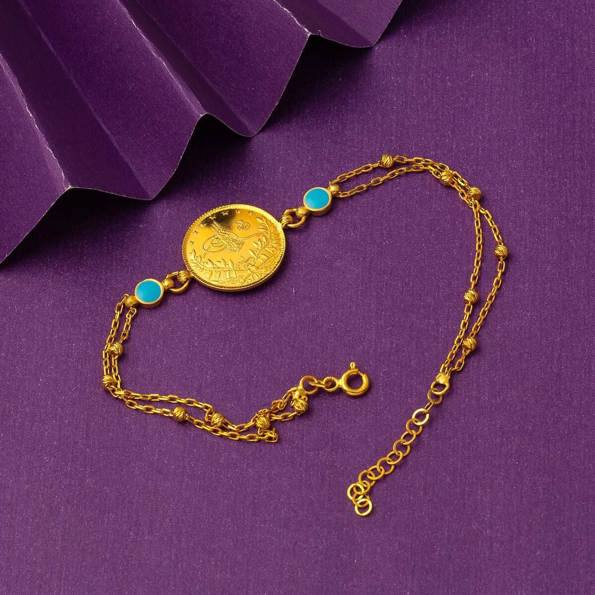 22K Yellow Gold Ottoman Resat Coin Quarter Coin Ball Chain Turquoise Bracelet