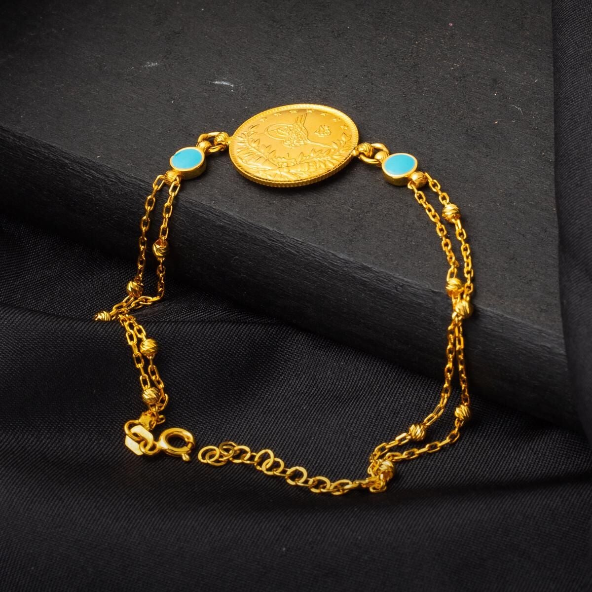 22K Yellow Gold Ottoman Resat Coin Quarter Coin Ball Chain Turquoise Bracelet