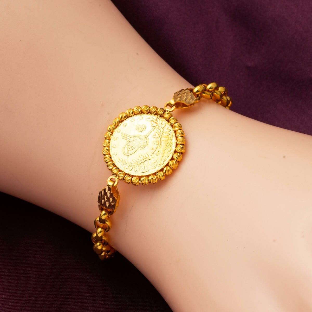 22K Yellow Gold Half Ottoman Resat Coin Rolo Chain Bracelet