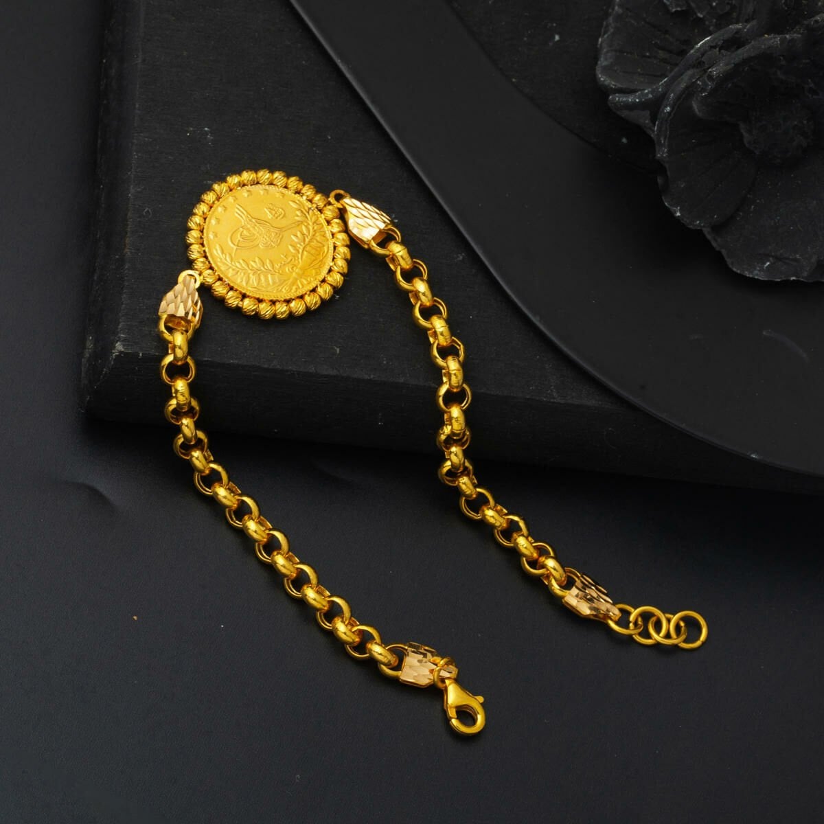 22K Yellow Gold Half Ottoman Resat Coin Rolo Chain Bracelet