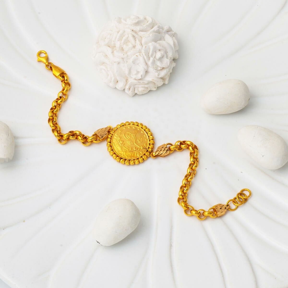 22K Yellow Gold Half Ottoman Resat Coin Rolo Chain Bracelet