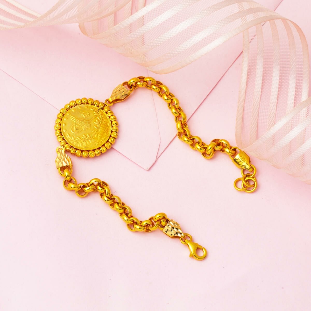 22K Yellow Gold Half Ottoman Resat Coin Rolo Chain Bracelet