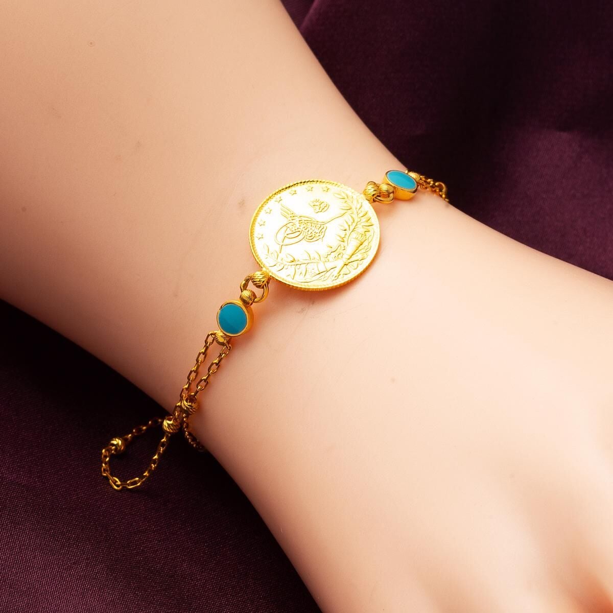 22K Yellow Gold Half Ottoman Resat Coin Ball Chain Turquoise Bracelet