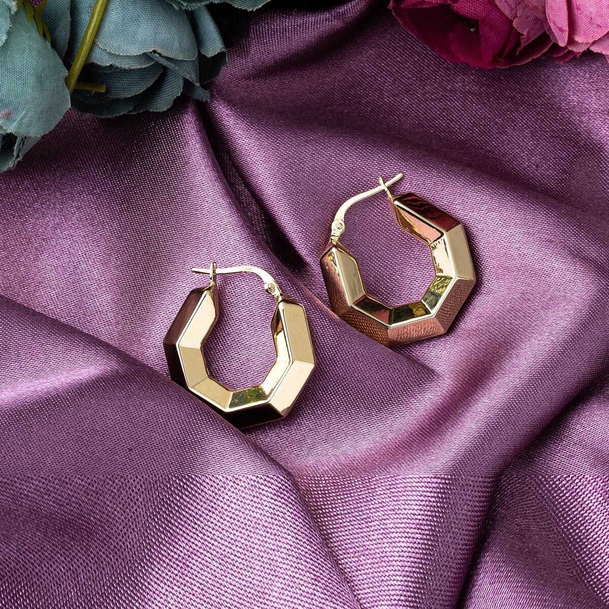 14K Yellow Gold Retro Bomb Hexagon Large Earrings