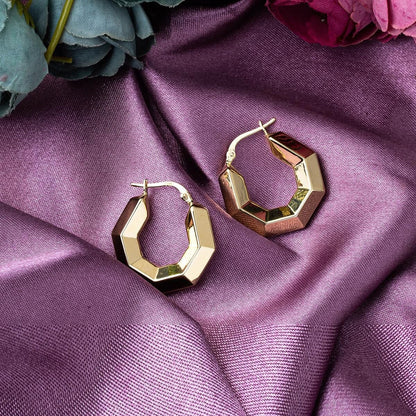 14K Yellow Gold Retro Bomb Hexagon Large Earrings
