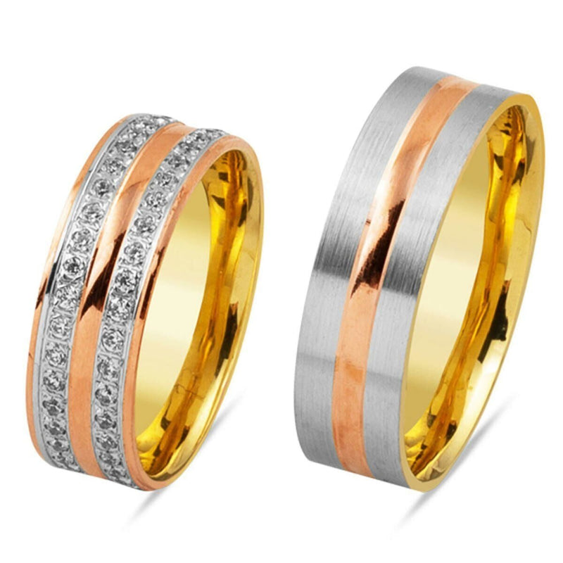14K Yellow Gold Rose White Cubic Zirconia Wedding Band Set