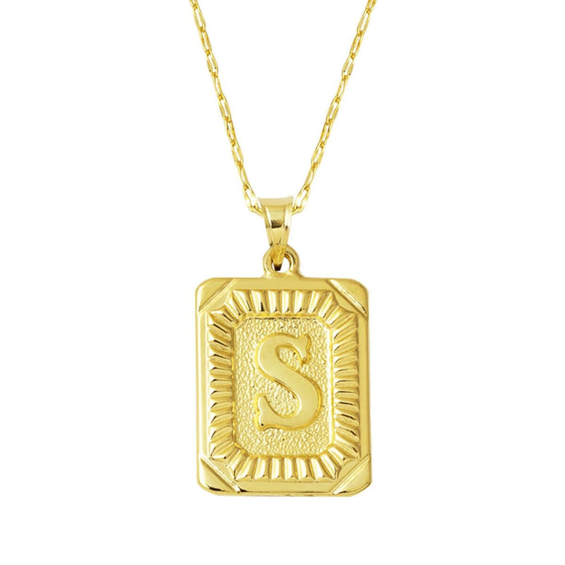 14K Yellow Gold Initial S Square Plate Necklace