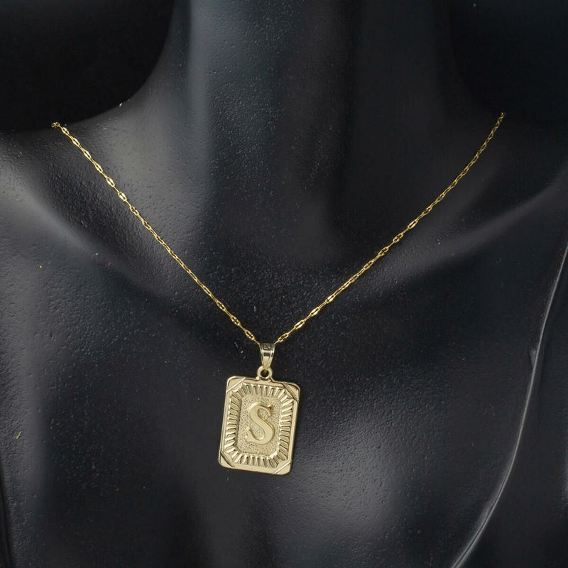 14K Yellow Gold Initial S Square Plate Necklace