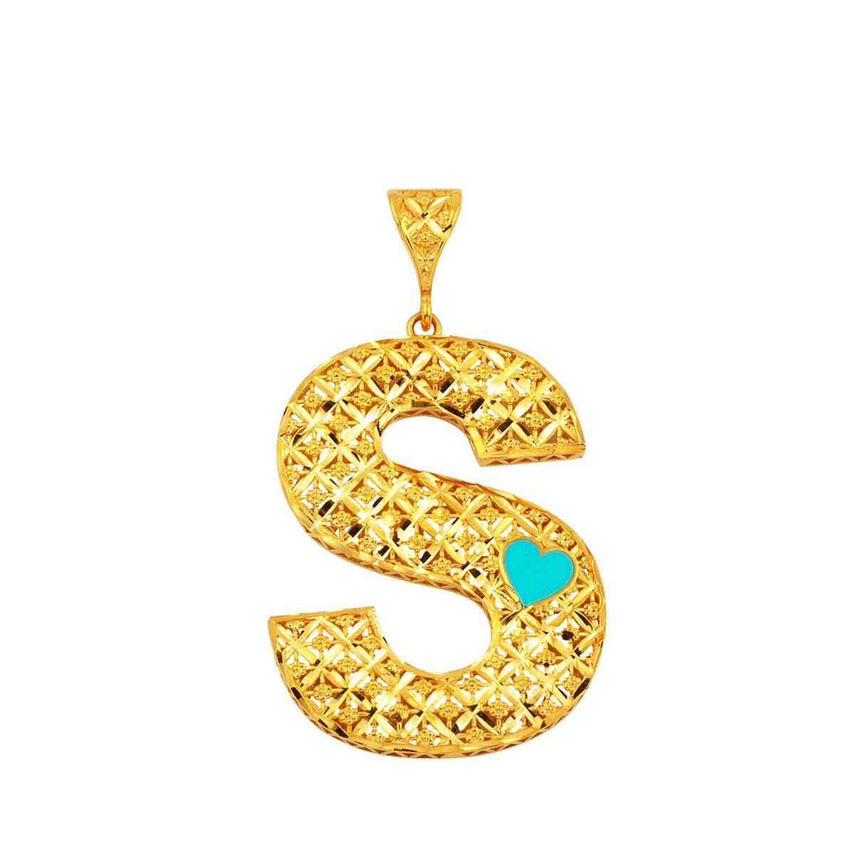 22K Yellow Gold S Initial Enamel Turquoise Pendant