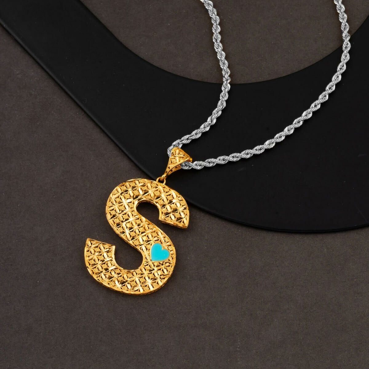 22K Yellow Gold S Initial Enamel Turquoise Pendant