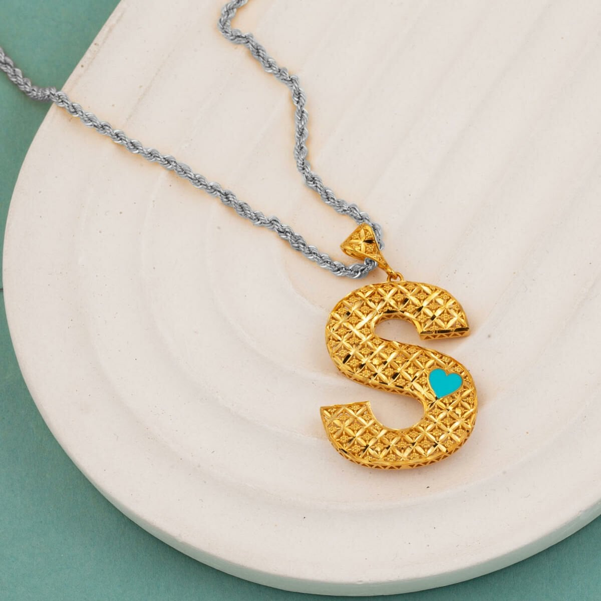 22K Yellow Gold S Initial Enamel Turquoise Pendant