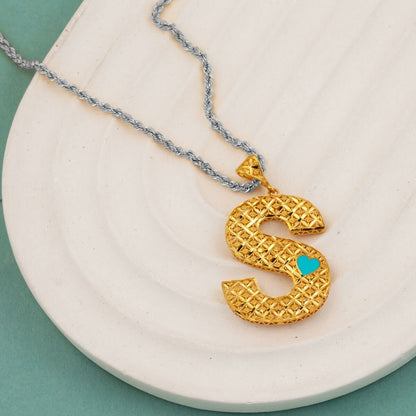22K Yellow Gold S Initial Enamel Turquoise Pendant