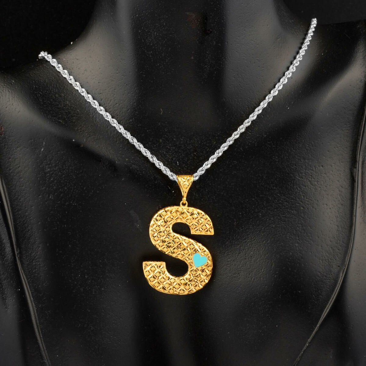 22K Yellow Gold S Initial Enamel Turquoise Pendant