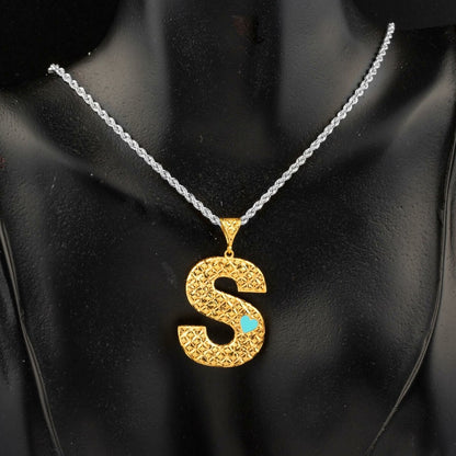 22K Yellow Gold S Initial Enamel Turquoise Pendant