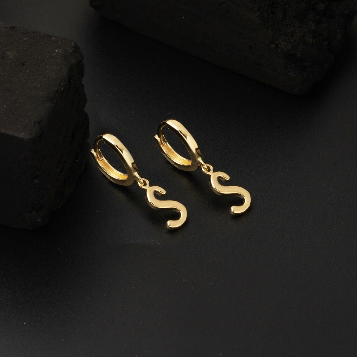 14K Yellow Gold S Initial Hoop Earrings