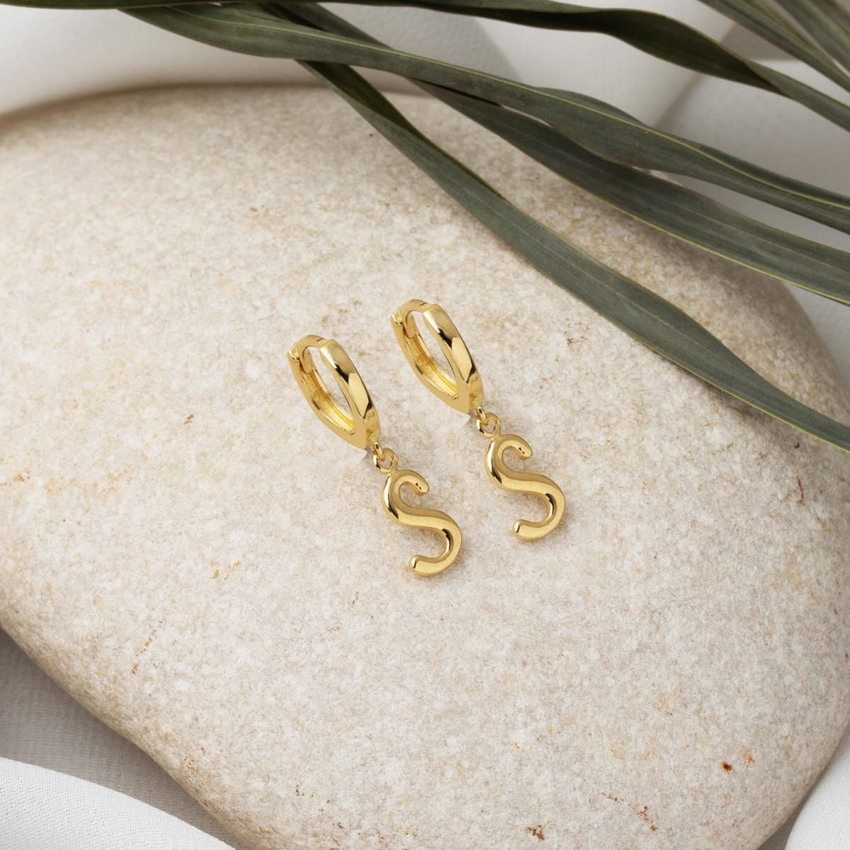 14K Yellow Gold S Initial Hoop Earrings