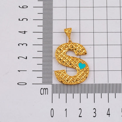 22K Yellow Gold Initial S Heart Enamel Turquoise Necklace