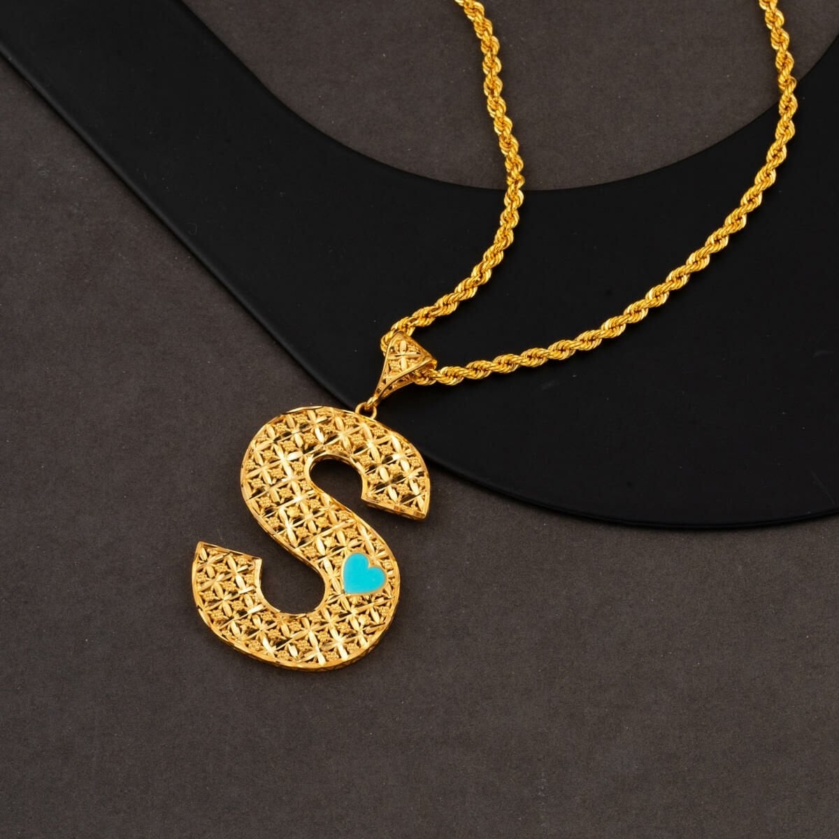 22K Yellow Gold Initial S Heart Enamel Turquoise Necklace