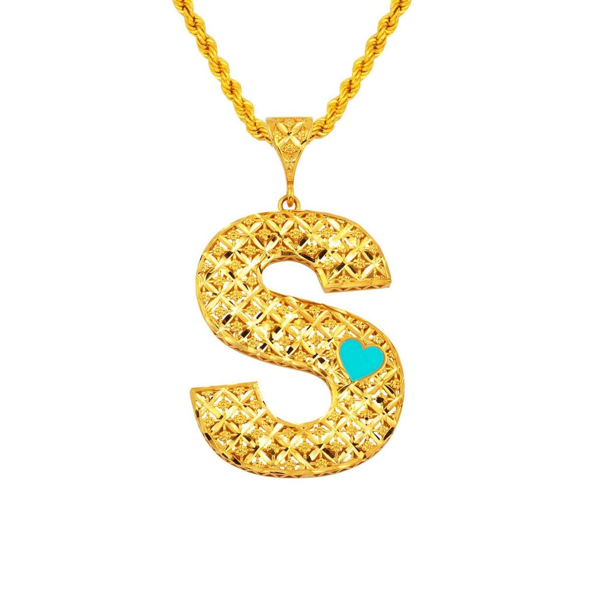 22K Yellow Gold Initial S Heart Enamel Turquoise Necklace