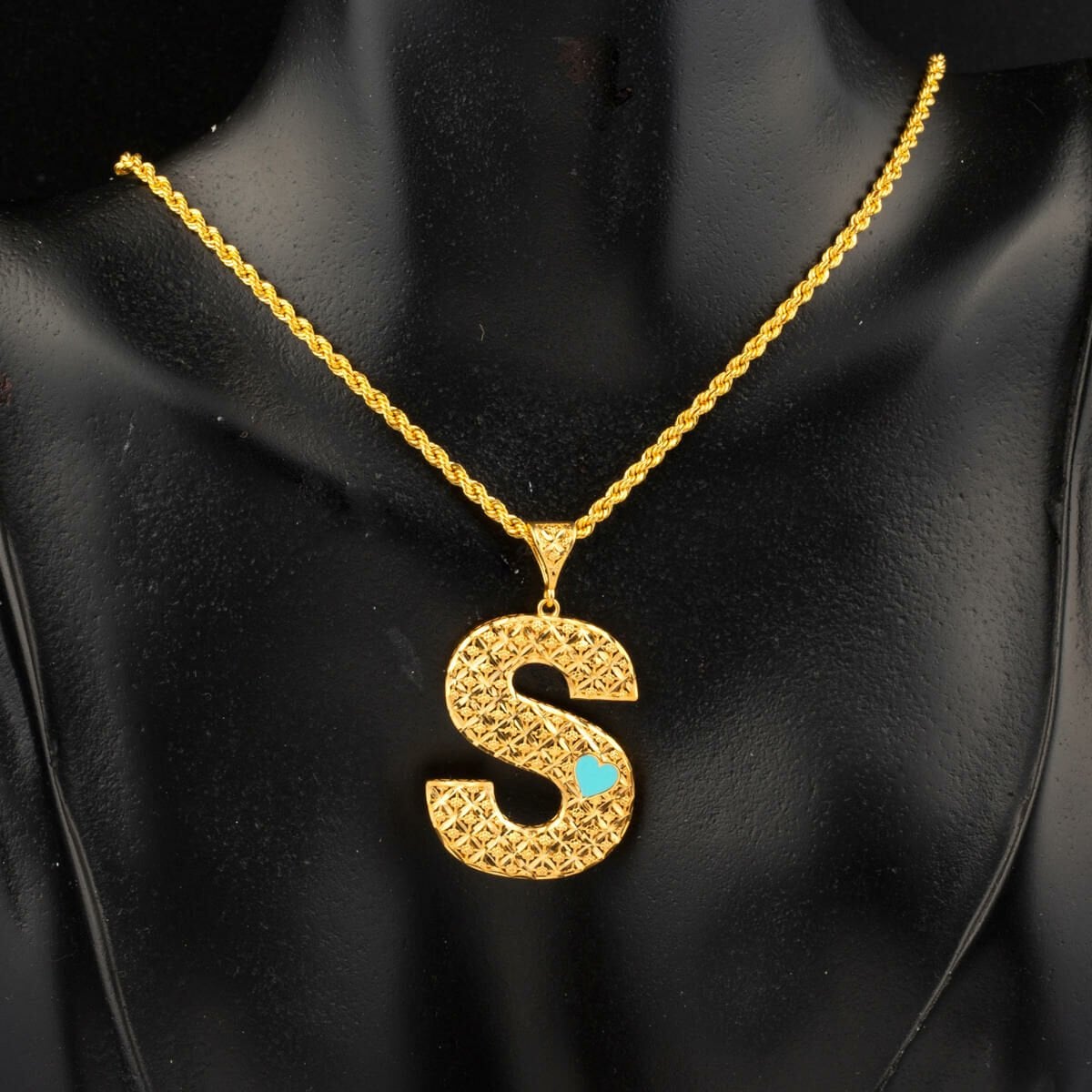 22K Yellow Gold Initial S Heart Enamel Turquoise Necklace
