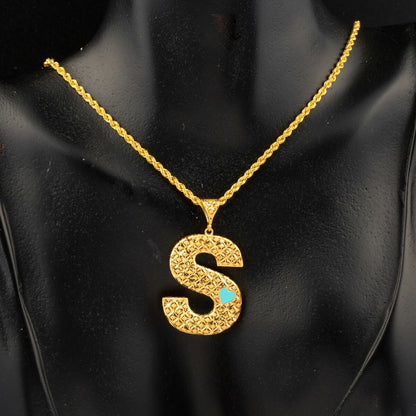 22K Yellow Gold Initial S Heart Enamel Turquoise Necklace