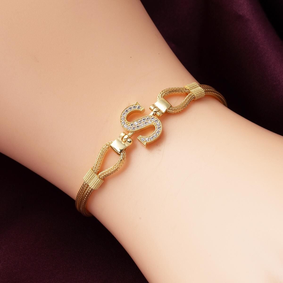 14K Yellow Gold S Initial Braided Chain Cubic Zirconia Bracelet