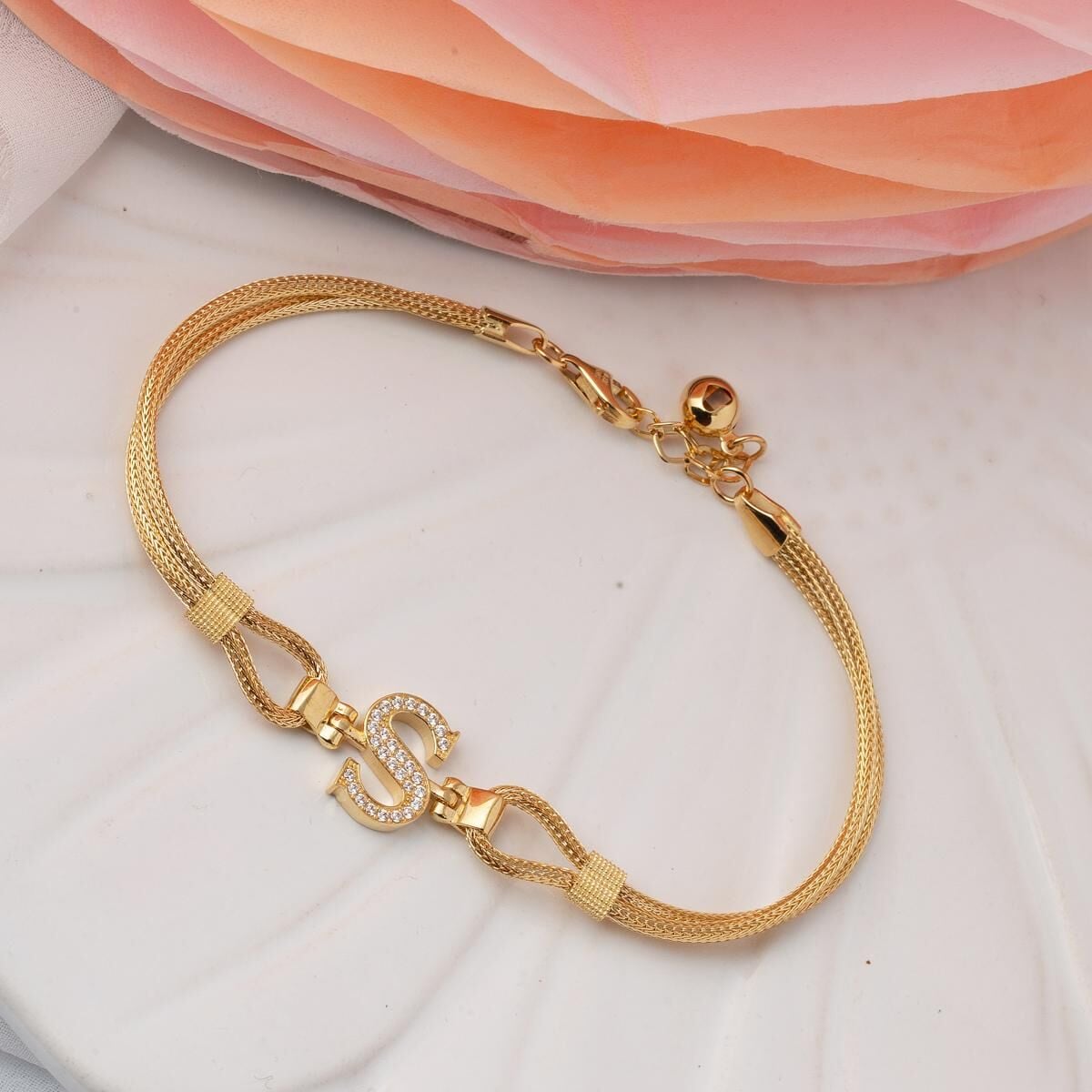 14K Yellow Gold S Initial Braided Chain Cubic Zirconia Bracelet