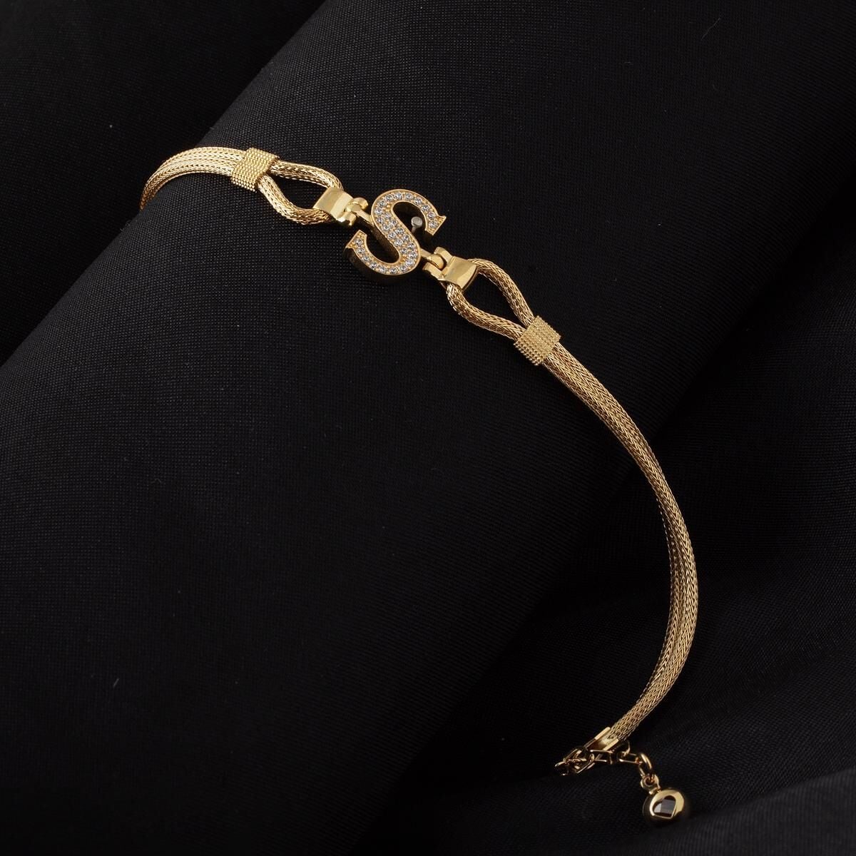 14K Yellow Gold S Initial Braided Chain Cubic Zirconia Bracelet