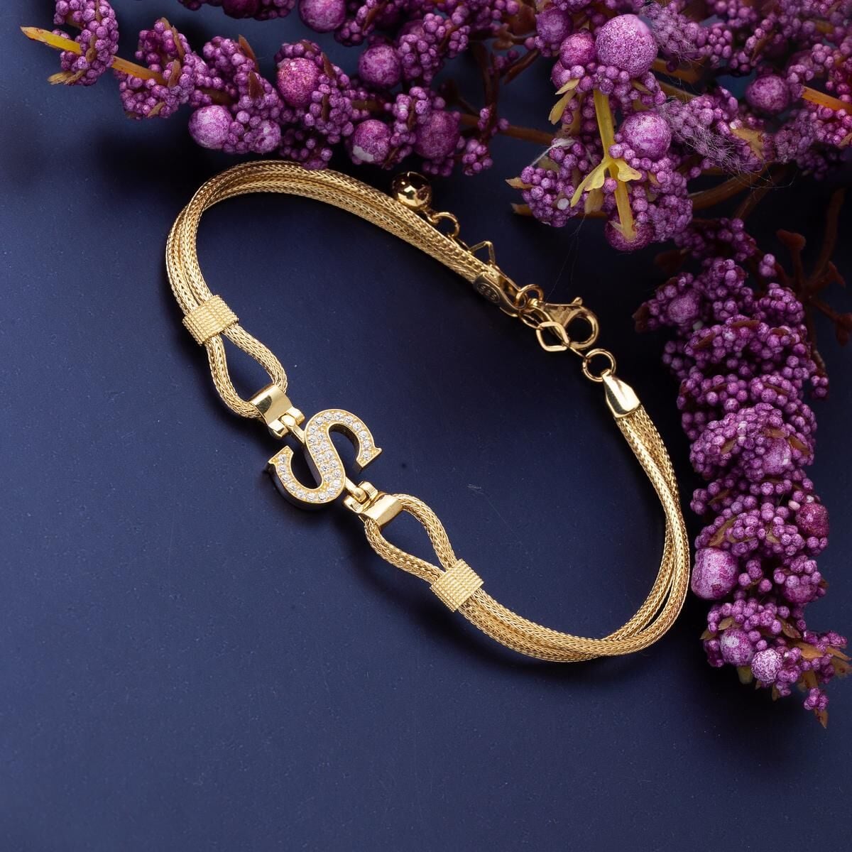 14K Yellow Gold S Initial Braided Chain Cubic Zirconia Bracelet