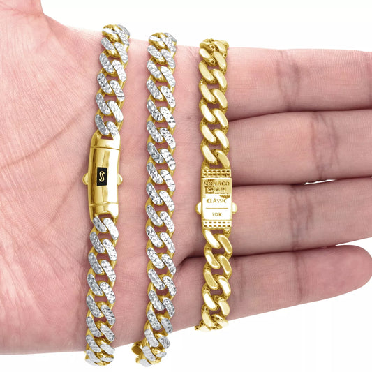 10k Yellow Gold 7.5mm Monaco Miami Cuban Diamond Cut Pave Chain Bracelet 7.5"