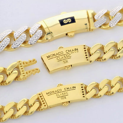10K Yellow Gold Monaco Miami Pave Diamond Cut Chain Necklace Bracelet 7"- 30"