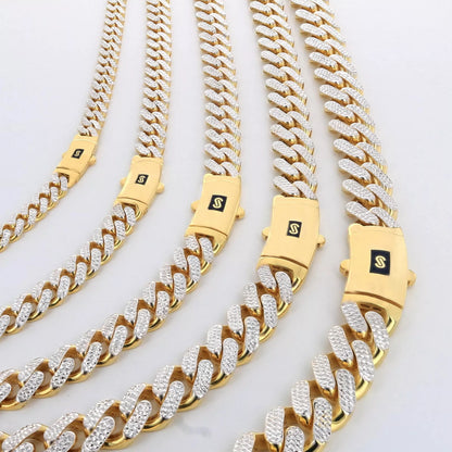 10K Yellow Gold Monaco Miami Pave Diamond Cut Chain Necklace Bracelet 7"- 30"
