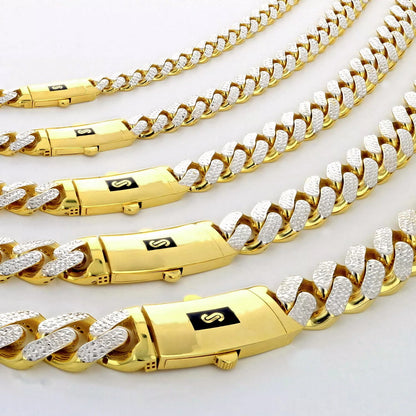 10K Yellow Gold Monaco Miami Pave Diamond Cut Chain Necklace Bracelet 7"- 30"