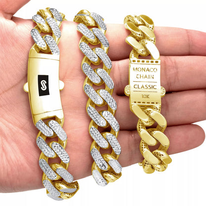 10k Yellow Gold 15mm Monaco Miami Cuban Link Diamond Cut Pave Chain Bracelet 8"