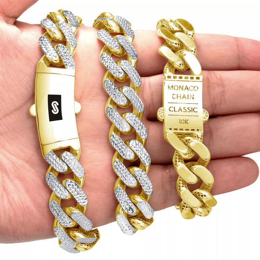10k Yellow Gold 15mm Monaco Miami Cuban Link Diamond Cut Pave Chain Bracelet 9"