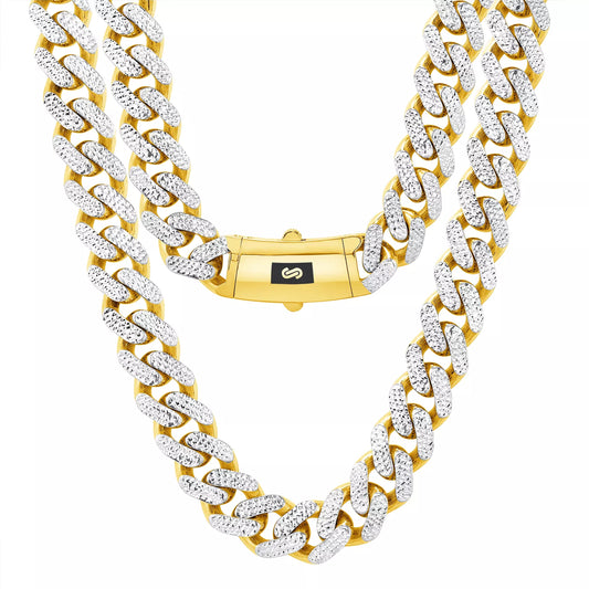 10K Yellow Gold Monaco Miami Cuban Pave Diamond Cut Chain Necklace, 7.5mm- 15mm