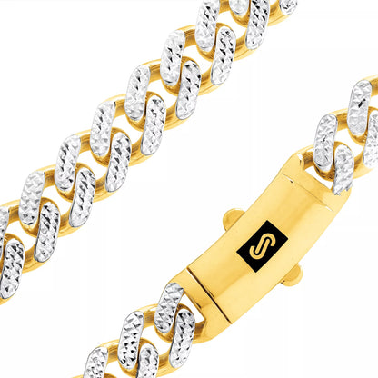 10K Yellow Gold Miami Cuban 7.5mm Monaco Diamond Cut Pave Chain Necklace 18"-30"