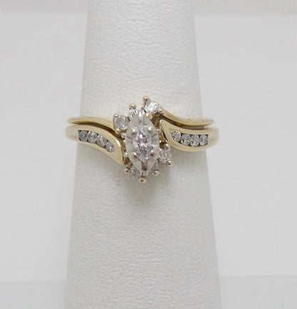 10k Yellow Gold Marquise Diamond Solitaire Bridal Wedding Ring Set 1/4 Cttw