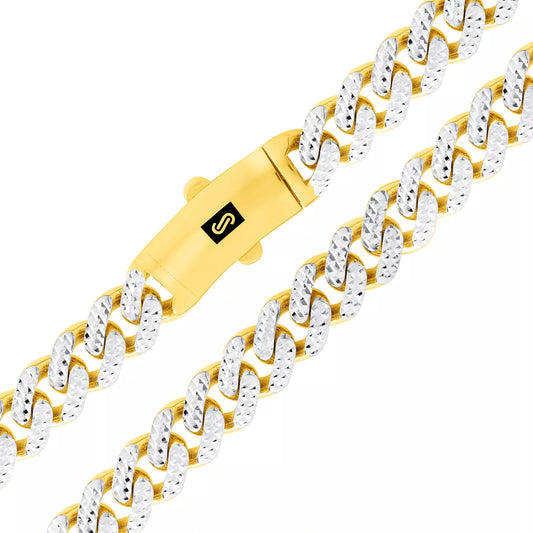10K Yellow Gold Miami Cuban 7.5mm Monaco Diamond Cut Pave Chain Necklace 18"-30"