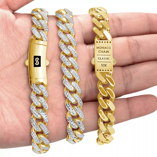 10k Yellow Gold 11mm Monaco Miami Cuban Diamond Cut Pave Chain Bracelet 8.5"