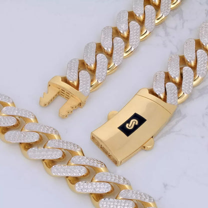10K Yellow Gold Miami Cuban 17mm Monaco Diamond Cut Pave Chain Bracelet 8"- 9"