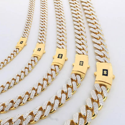 10K Yellow Gold Miami Cuban 17mm Monaco Diamond Cut Pave Chain Bracelet 8"- 9"
