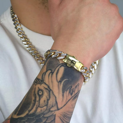 10K Yellow Gold Miami Cuban 17mm Monaco Diamond Cut Pave Chain Bracelet 8"- 9"