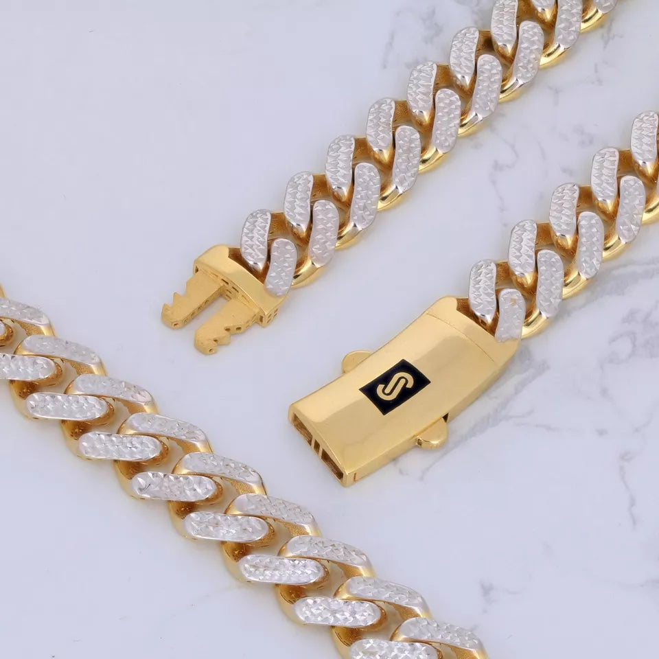 10k Yellow Gold Monaco Miami Cuban Diamond Cut Pave 7.5mm Chain Necklace 18"