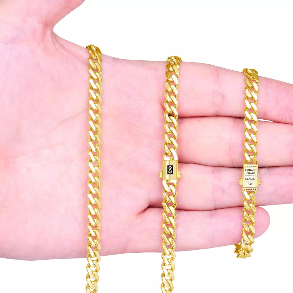 10K Yellow Gold Miami Cuban 7.5mm Royal Monaco Curb Link Chain Necklace 18"- 30"