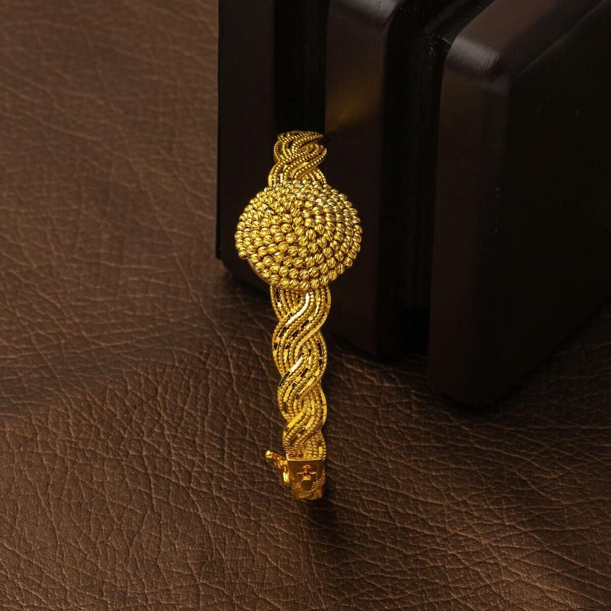 22K Yellow Gold Braided Bead Hinged Cuff Bangle